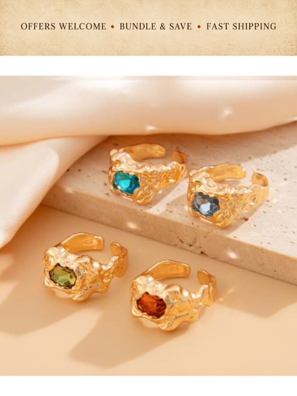 Chunky Crystal Rhinestone Knuckle Rings Set Adjustable Statement Jewelry - Picture 3 of 5